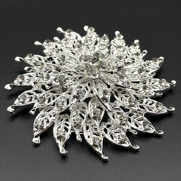 Silver with White Diamond Crystal Round Flower Pin Back Brooch - Picture 2 of 8